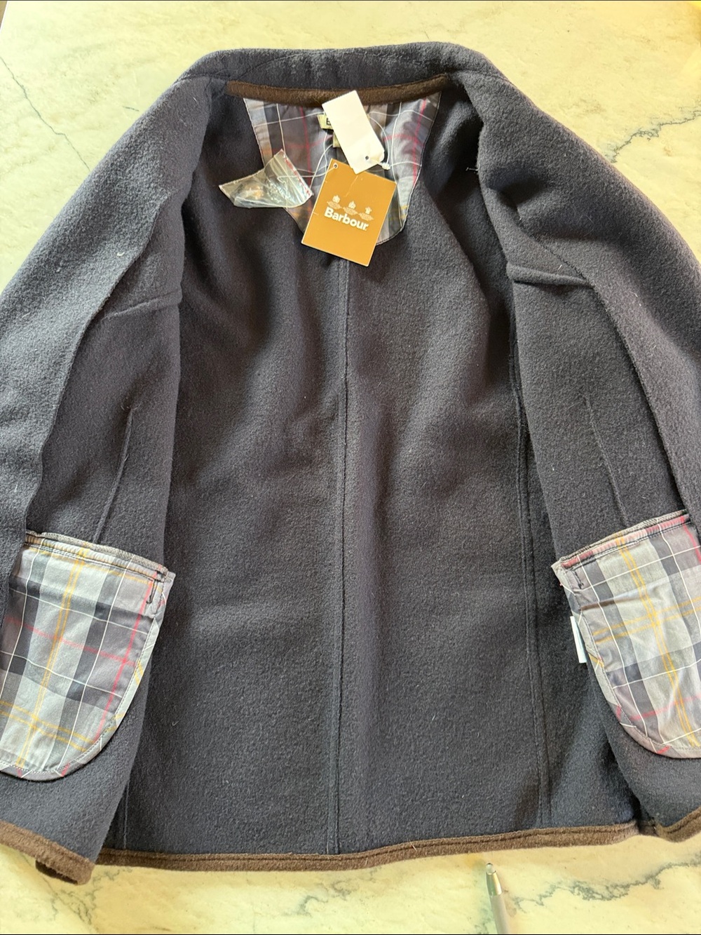 ⭐️NWT⭐️ Barbour Navy Wool Felted Blazer with Brown Trim and Bronze Buttons - Picture 10 of 12
